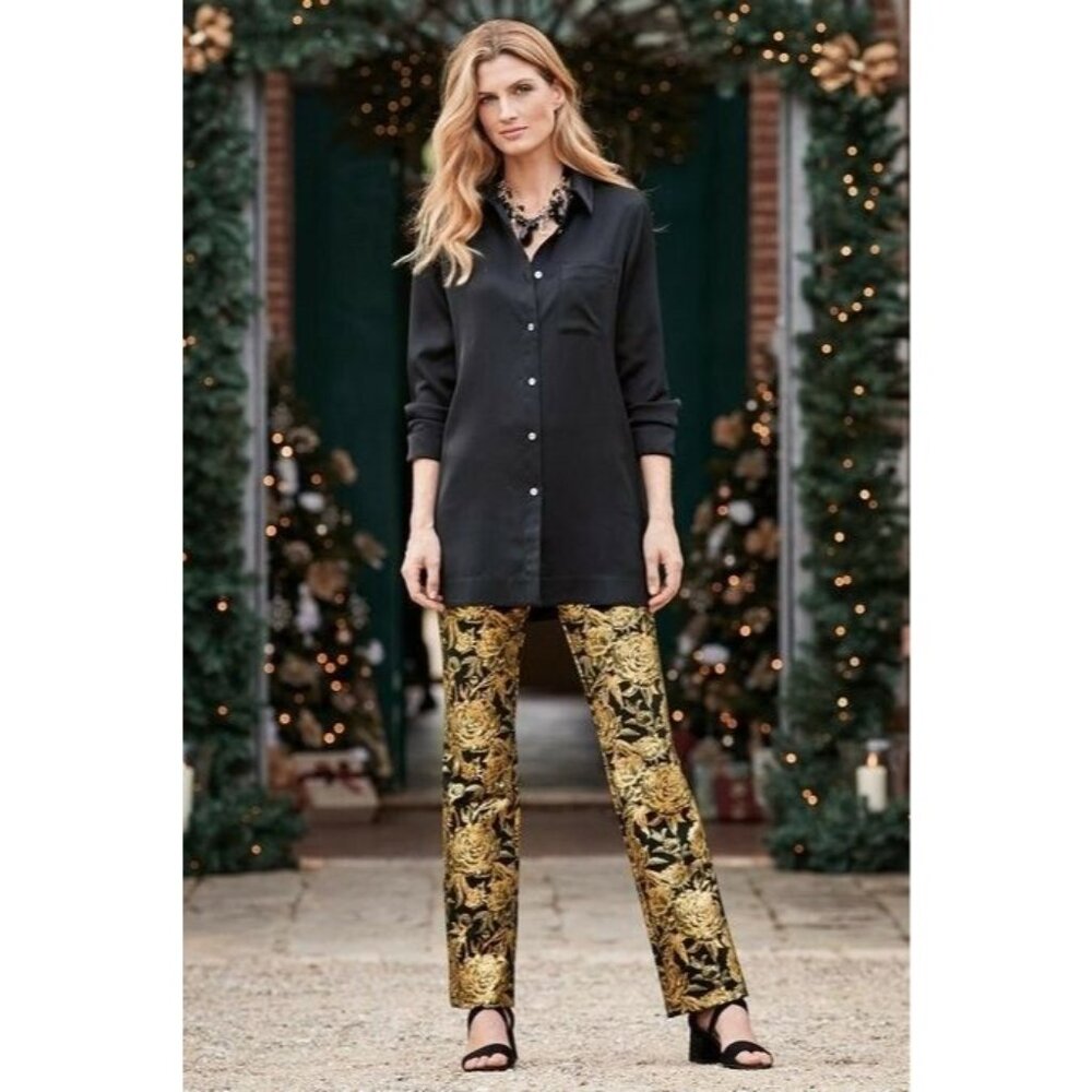 Soft Surroundings Mini Boot Cut Moonstruck Gold Metallic Floral Pull On Stretch - Picture 12 of 13